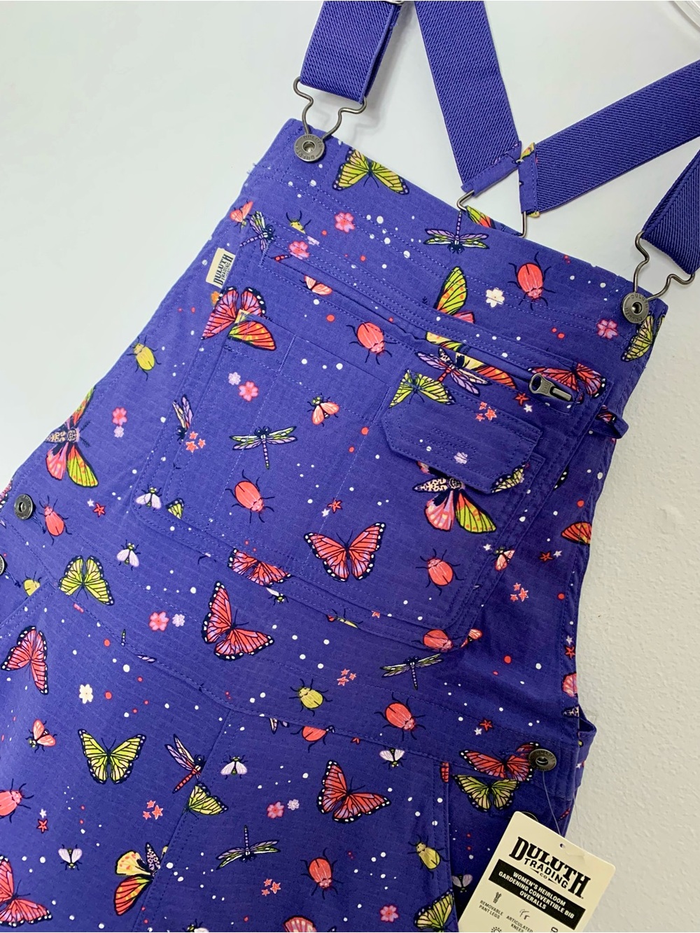 NWT Small Duluth Heirloom Garden Convertible Bib Overalls Indigo Backyard Bugs